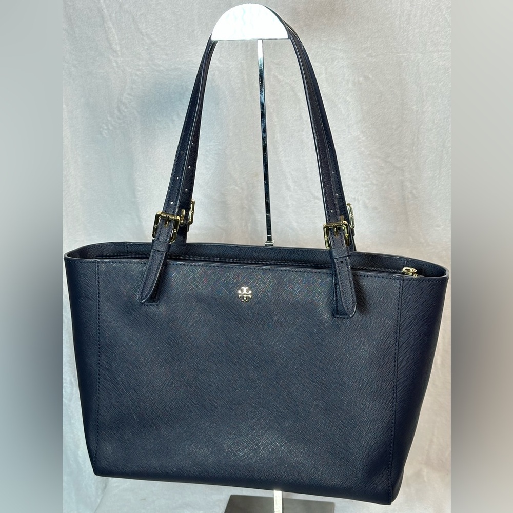 Tory Burch Emerson Dark Blue Tote with center zip pocket
